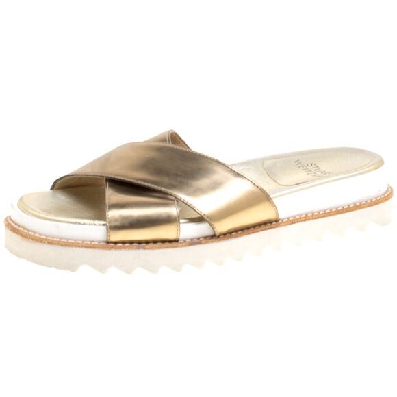 Stuart Weitzman Roza Crisscross Slides Sandals Slip On Leather Metallic Gold 7.5 - Picture 1 of 7